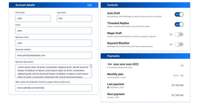 Account & controls cards Account & controls cards